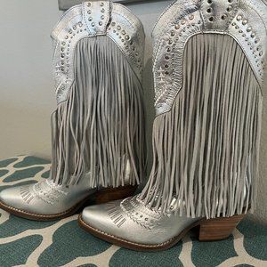 8.5 Women Dingo Gypsy Studded Fringe Snip Toe Cowboy Women's Silver Boots DI737